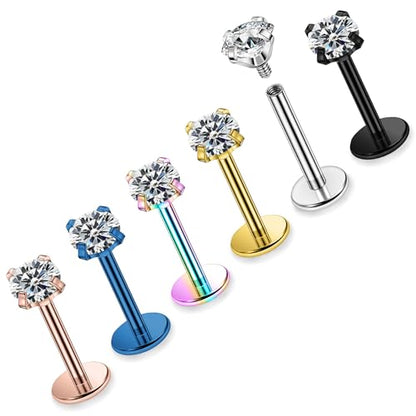 16G ASTM F136 Titanium Surgical Steel Internal Thread Flat Back Studs Earrings Lip Rings Labret Medusa Helix Tragus Cartilage Earring stud Piercing Jewelry for Women Men Silver Black Gold - style: 16g/3mm Clear cz/Mix color 8mm