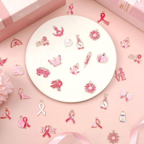 SANNIX 200Pcs Breast Cancer Charms for Jewelry Making, Pink Ribbon Bulk | Cancer Awareness Charm Hope Pendants, for Bracelets Necklaces Earrings Craft Making Accessories - color: Pink