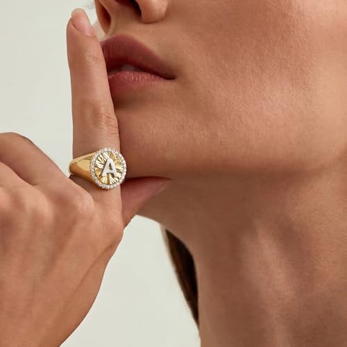 KissYan 14K Gold Plated Initial Ring for Women | Adjustable CZ Halo Letter Signet Ring, Personalized Monogram Statement Jewelry Gift, Tarnish Resistant - style: Letter V