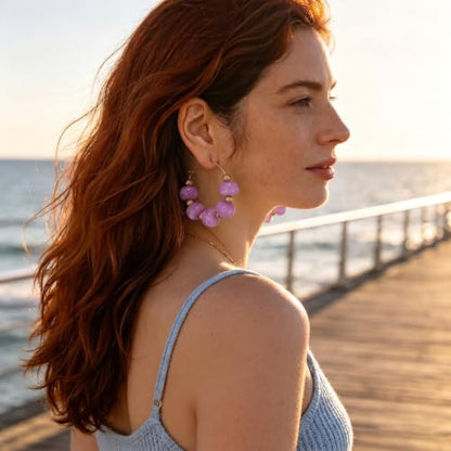 Colorful Beaded Earrings for Women Beaded Hoop Earrings | Chunky Acrylic Resin Boho Statement Drop Earrings Trendy Summer Beach Jewelry Accessories Gifts - color: Purple