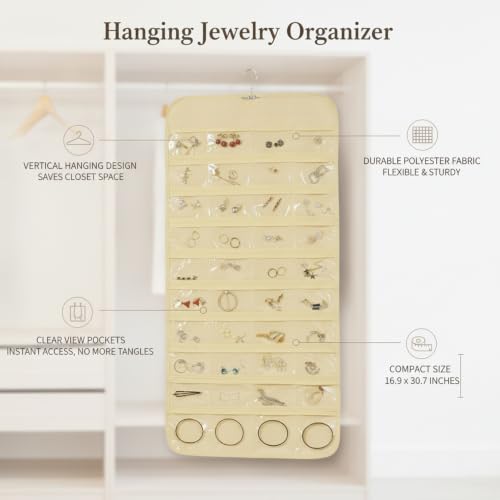 Hanging Jewelry Organizer, Vertical Closet Storage with Clear Pockets for Necklaces and Earrings, Polyester Roll-Up Bag (1 PC) - color: Beige