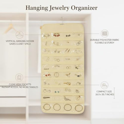 Hanging Jewelry Organizer, Vertical Closet Storage with Clear Pockets for Necklaces and Earrings, Polyester Roll-Up Bag (1 PC) - color: Beige