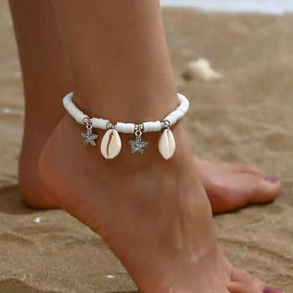 Starfish Shell Anklet for Women Gold Starfish Charm Ankle Bracelet Silver Elastic Star Seashell Anklet Adjustable Ankle Bracelet Summer Fashion Jewelry Accessories - color: silver