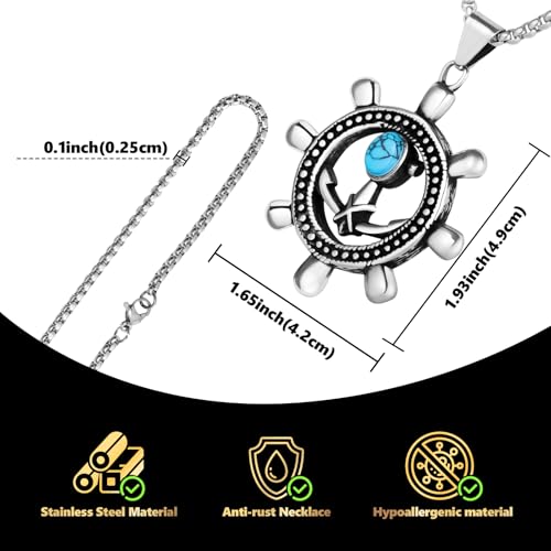 Stainless Steel Gothic Y2K Punk Rock Emo Biker Pendant Necklace | Cosplay Vintage Viking Alt Edgy Fashion Charm Necklace Jewelry for Men Women Active Daily Wear - style: Turquoise Ship Rudder Anchor