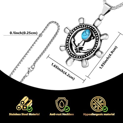 Stainless Steel Gothic Y2K Punk Rock Emo Biker Pendant Necklace | Cosplay Vintage Viking Alt Edgy Fashion Charm Necklace Jewelry for Men Women Active Daily Wear - style: Turquoise Ship Rudder Anchor
