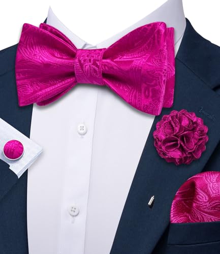 YOHOWA Bow Ties for Men Self-tied Silk Bowtie Solid Color with Lapel Pin and Handkerchief Cufflinks for Wedding Party Prom - color: Hot Pink