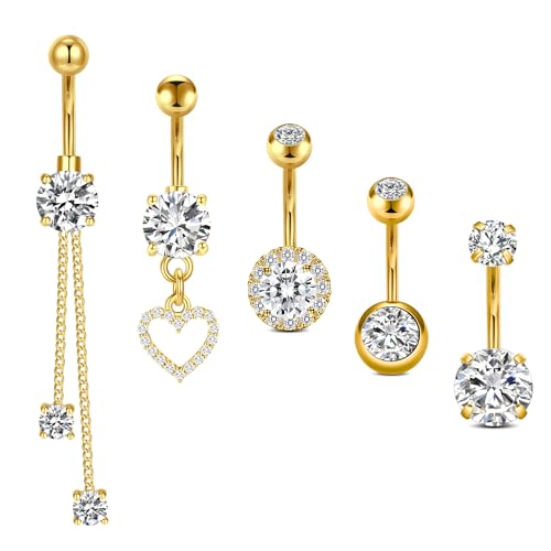 Incaton 14G Cute Heart Stainless Steel Belly Button Rings Belly Piercing Jewelry Diamond Belly Rings for Women Navel Piercing Jewelry - color: 5pcs Gold