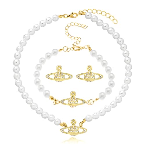 Dreuyet Saturn Pearl Necklace and Earrings Set Crystal Planet Earrings Dainty Artificial Pearl Choker Necklace Charm Gifts for Mum Wife Wedding Birthday Anniversary - color: Saturn Earrings Necklace Bracelet Gold