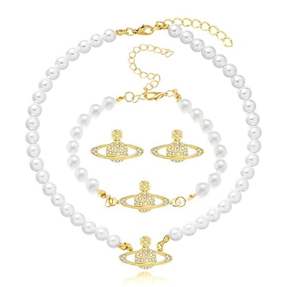 Dreuyet Saturn Pearl Necklace and Earrings Set Crystal Planet Earrings Dainty Artificial Pearl Choker Necklace Charm Gifts for Mum Wife Wedding Birthday Anniversary - color: Saturn Earrings Necklace Bracelet Gold