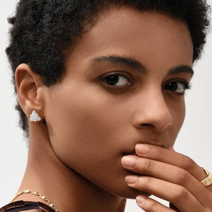 MEVECCO Pave Cubic Zirconia Stud Earrings for Women, 18K Gold Plated Brass | Pave CZ Fronts, Curved Gold Plated Edge Accents, Soft Motifs and Clean Geometric Styles - style: triangle