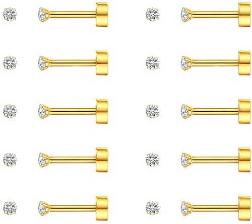 SIISPRI 10 Pairs Tiny Cartilage Stud Earrings for Women Men 14K Gold Plated Surgical Stainless Steel Flat Back Earrings Hypoallergenic Cubic Zirconia Studs Earrings 2mm 3mm Tragus Helix Daith Piercing - color: 2mm-Gold-10pair
