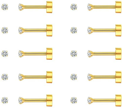 SIISPRI 10 Pairs Tiny Cartilage Stud Earrings for Women Men 14K Gold Plated Surgical Stainless Steel Flat Back Earrings Hypoallergenic Cubic Zirconia Studs Earrings 2mm 3mm Tragus Helix Daith Piercing - color: 2mm-Gold-10pair