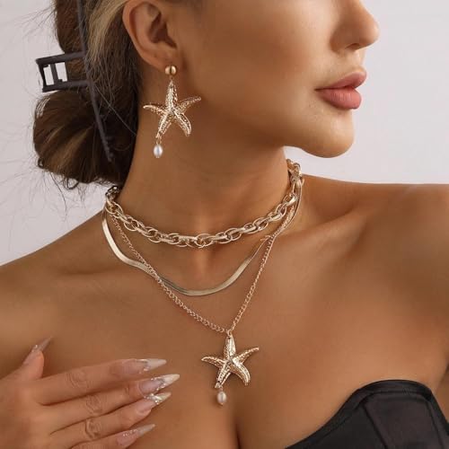 Gold Layered Stackable Starfish Earrings Necklace Sets for Women,Boho Faux Pearl Earrings Chunky Herringbone Pendant Necklace Ocean Matching Jewelry Gifts - color: Golden