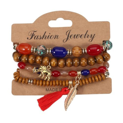 4Pcs Bohemia Multilayer Stackable Elephant Leaf Tassel Bracelets Colorful Wooden Resin Beaded Stretch Bracelets for Women Men Summer Beach Boho Vacation Hawaii Jewelry Gifts - style: StyleB