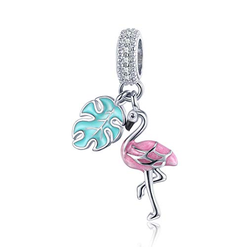Hummingbird Charms For Bracelets 925 Sterling Silver Animal Dangle & Beads Butterfly Cat Beads Charms For Women Jewelry Gift - color: Red flamingo