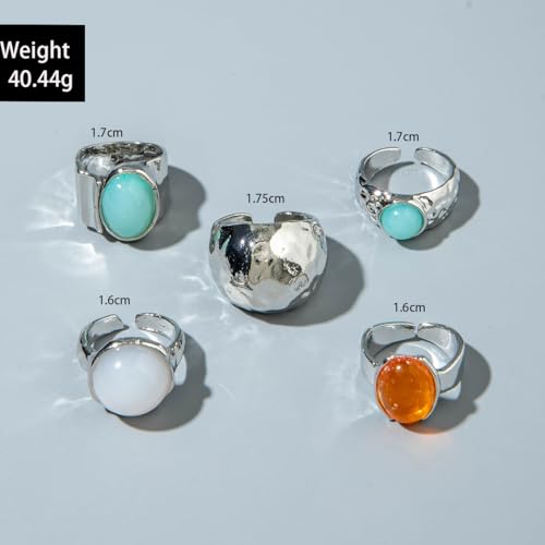 Chunky Gemstone Rings for Women Gold Silver Chunky Rings Set Adjustable Thick Statement Ring Trendy Fashion Silver Jewelry - style: ASilver