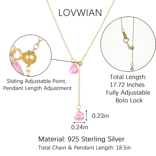 925 Sterling Silver Dainty Cubic Zirconia Lariat Heart Necklace for Women | 14k Gold Plated Cute Pink Crystal Love Heart Pendant Necklaces Adjustable Diamond Y Shaped Drop Chain Necklace Jewelry Gift - color: Gold