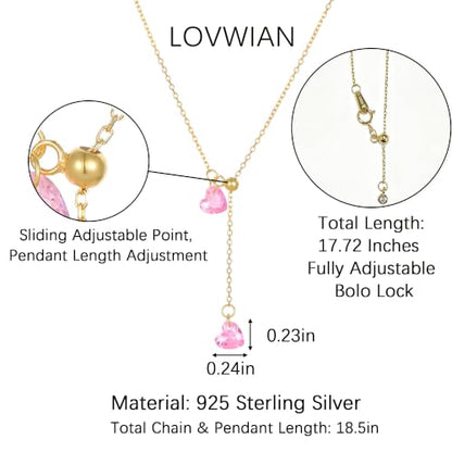 925 Sterling Silver Dainty Cubic Zirconia Lariat Heart Necklace for Women | 14k Gold Plated Cute Pink Crystal Love Heart Pendant Necklaces Adjustable Diamond Y Shaped Drop Chain Necklace Jewelry Gift - color: Gold