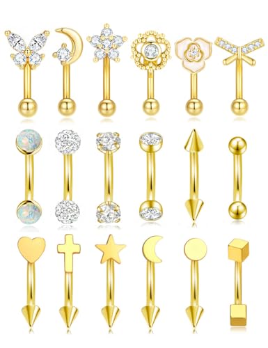 18Pcs Eyebrow Piercing Jewelry 16G Surgical Steel Curved Barbell Eyebrow Rings Butterfly Moon Vertical Labret Monroe Lip Belly Button Rook Daith Tragus Earrings for Women Men Gold Silver 10mm - color: Gold