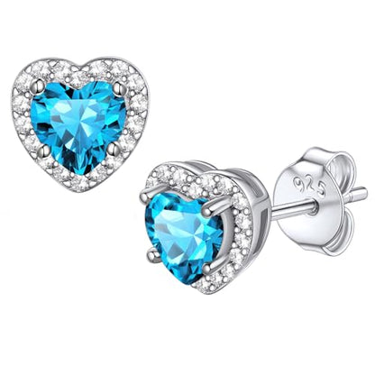 Bestyle 8mm Small Birthstone Earrings for Women with Hypoallergenic Sterling Silver Post,Sparkle Heart/Round Womens Studs Earrings, Great Birthday/Christmas/Anniversary Jewelry for Wife Mother - color: 12. Dec. Blue Topaz-Heart