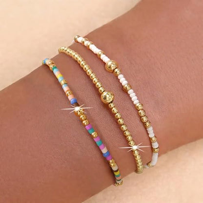 Gold Beaded Bracelet Stack for Women Colorful Small Seed Beads Bracelets Set Boho 14K Gold Plated Ball Stackable Stretch Non-Tarnish Dainty Jewelry Trendy Accessory Friendship Gift - color: blue and white