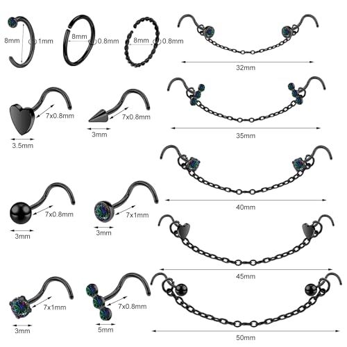 20G Nose Rings Studs with Chain Piercing Across Double Nose Stud Nose Hoop Spike Heart Ball CZ Surgical Steel Nostril Piercing Jewelry for Women Men, Black Silver Gold - color: BK-S