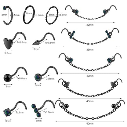 20G Nose Rings Studs with Chain Piercing Across Double Nose Stud Nose Hoop Spike Heart Ball CZ Surgical Steel Nostril Piercing Jewelry for Women Men, Black Silver Gold - color: BK-S