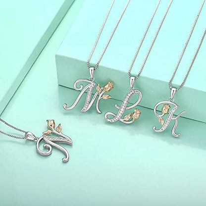 STARCHENIE Initial Necklace for Women Sterling Silver Letters 26 Alphabet Pendant Rose Flower Jewelry Gifts for Family Sisters Friend - color: M