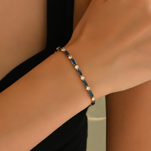 18K Gold Plated Multi-Color Classic Tennis Bracelet for Women Dainty Color 3mm Rainbow Cubic Zirconia Bracelet Adjustable CZ Gold Bracelets Trendy Summer Jewelry Gift - style: Navy Blue-Gold