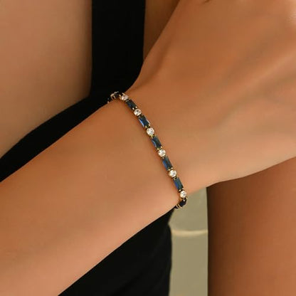 18K Gold Plated Multi-Color Classic Tennis Bracelet for Women Dainty Color 3mm Rainbow Cubic Zirconia Bracelet Adjustable CZ Gold Bracelets Trendy Summer Jewelry Gift - style: Navy Blue-Gold