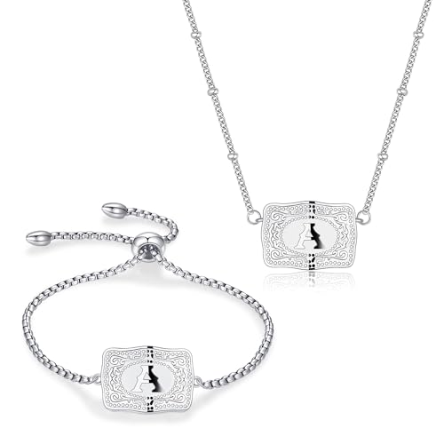 2 Pcs Belt Buckle Initial Necklace Bracelet Jewelry Set for Women, 18K Gold/Silver Plated Belt Buckle Initial A-Z Necklace Bracelet Set Unique Western Style Jewelry Gifts - style: A.