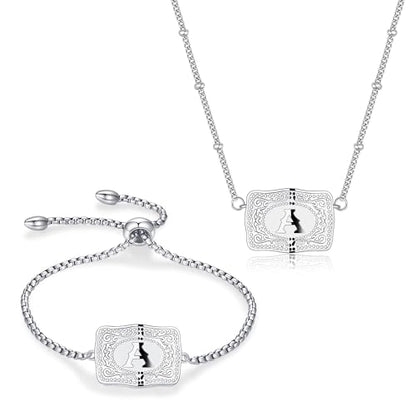 2 Pcs Belt Buckle Initial Necklace Bracelet Jewelry Set for Women, 18K Gold/Silver Plated Belt Buckle Initial A-Z Necklace Bracelet Set Unique Western Style Jewelry Gifts - style: A.