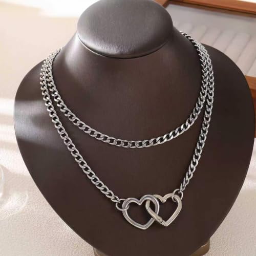 Heart Slip Chain Necklace for Women, 36 Inch Gothic Punk Cuban Chain, Removable Black Heart O-Ring, Detachable Heart Pendant, Adjustable Stainless Steel Y-Necklace. - color: Silver Heart-2