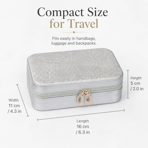 Travel Jewelry Box, Portable jewelry organizer with Embossed PU Leather Small Jewelry Box with Zipper, Velvet Lined Ring Earring Necklace Case for Travel, 6.3 x 4.7 x 2.4 in - color: Silver