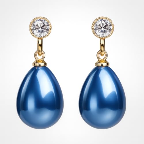 Pearl Clip on Earrings for Women - 14K Gold Silver Plated Cubic Zirconia Non Pierced Ear Clips Jewelry Gifts for Wedding Bridal Party Gifts - color: Dark Blue-10mm