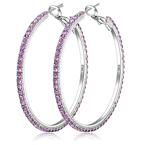 925 Sterling Silver Earrings Large Rhinestone Hoop Earrings Big Cubic Zirconia Hoop Earrings Thin Rhinestones Round Hoop Earrings for Women 20/30/40/50/60/70mm Sparkly Hoops With Crystals for Womens - color: purple,50mm