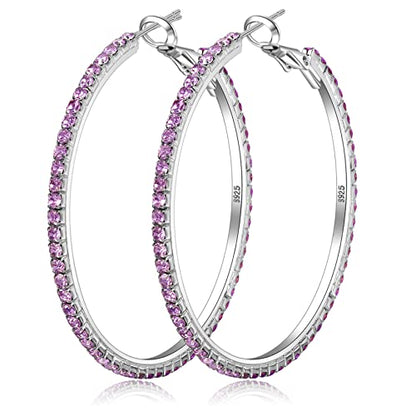 925 Sterling Silver Earrings Large Rhinestone Hoop Earrings Big Cubic Zirconia Hoop Earrings Thin Rhinestones Round Hoop Earrings for Women 20/30/40/50/60/70mm Sparkly Hoops With Crystals for Womens - color: purple,50mm