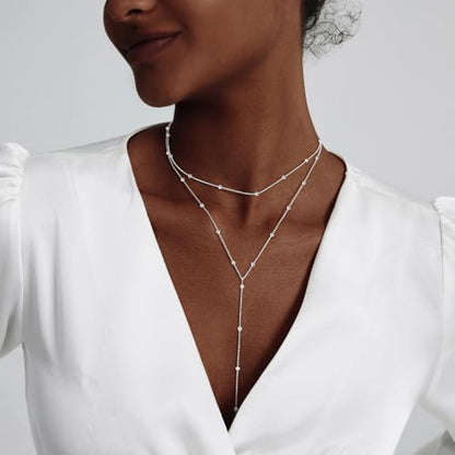 Luxval Lariat Silver Necklace for Women, Dainty Long Necklace Silver Y-Shaped Pendant Necklaces Trendy Beaded Chain Drop Necklaces Jewelry for Women Gifts - color: Silver-Bead Layered