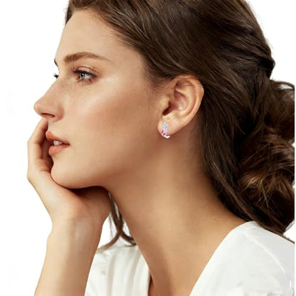 Parmuz 925 Sterling Silver Butterfly Huggies Hoop Earrings for Woman | Gold Plated Cubic Zirconia Star Moon cross Twisted huggie Hoop Post Chunky Small Tiny cuff Snake Heart Earring Gift for Her - color: Pink silver