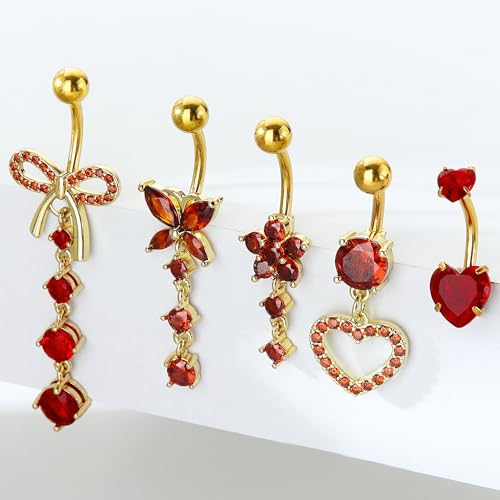 BSJ4U Belly Button Ring Dangle Navel Belly Piercing Jewelry Cute Pink CZ Heart Butterfly Bow Flower Navel Belly Rings for Women 14G Silver Stainless Steel Dainty Dangly Dangling Belly Button Piercing - color: Gold Plated Red CZ Belly Button Rings