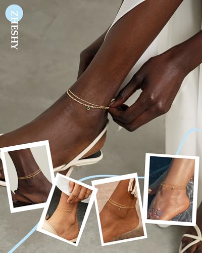 ZHESHY Ankle Bracelets for Women Gold Layered Anklets with Birthstone | 14K Gold Plated Dainty Waterproof Non Tarnish Chain Anklet Bracelets Summer Beach Jewelry Birthday Gifts - color: 05.Green May