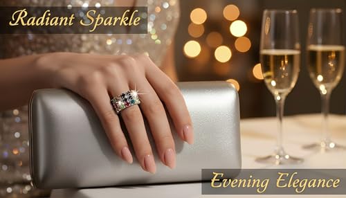 Sparkling Rhinestone Ring Set Trendy Elastic Rhinestone Crystal Stretch Ring Stackable Jewelry for Women Girls - color: 3 Rows Ring-Colorful