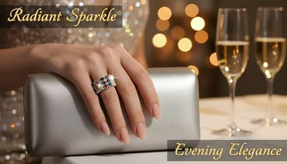 Sparkling Rhinestone Ring Set Trendy Elastic Rhinestone Crystal Stretch Ring Stackable Jewelry for Women Girls - color: 3 Rows Ring-Colorful