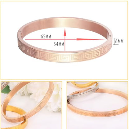 4/6/8MM Greek Key Meander Bracelet Oval Stainless Steel Bangle Cuff Gifts for Women Men - color: Rose Gold, size: 8mm
