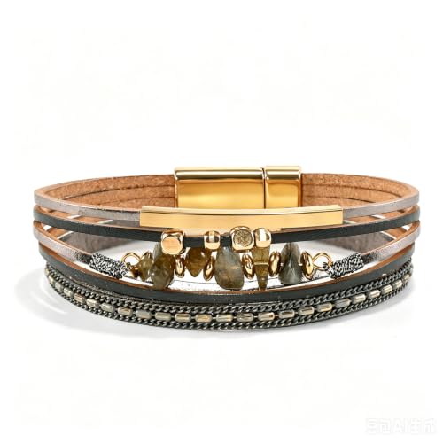 Wrapped Bracelets for Women,Leather Boho Bracelets for Women - color: Stone-Grey
