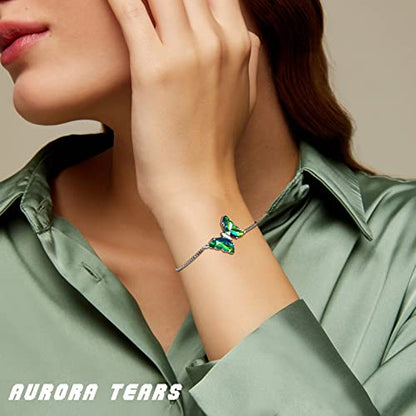 Aurora Tears Butterfly Necklace Earrings Ring Bracelet - Women 925 Sterling Silver Animal Butterflies Birthstone Pendant Crystal Wedding Birthday Jewelry - color: bracelet-May-Emerald