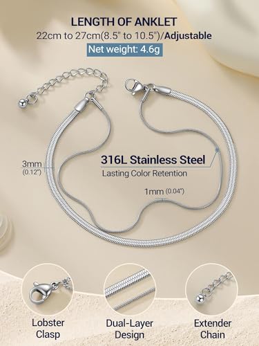 PROSTEEL Anklets for Women Waterproof, Silver/Gold/Black, Stainless Steel | Layered Anklets, Stainless Steel, Durable& No Tarnish, Summer Beach Jewelry, with Gift Box, 8-10.5" Adjustable, Plus Size - color: Silver, size: Layer Snake