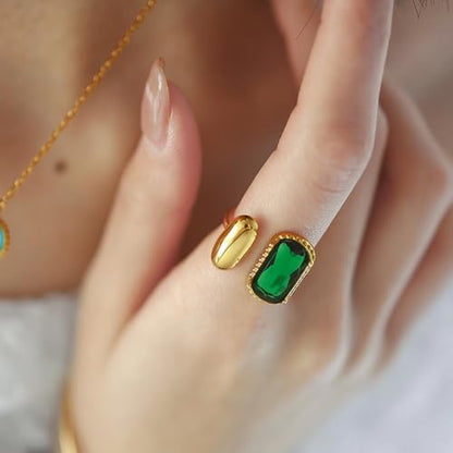Elegant Gemstone Geometric Statement Rings for Women Gold-Tone Plated Stainless Steel Open Band Dainty Wedding Open Adjustable Middle Thumb Ring Cocktail Prom Party Trendy Jewelry for Girlfriend - color: Green