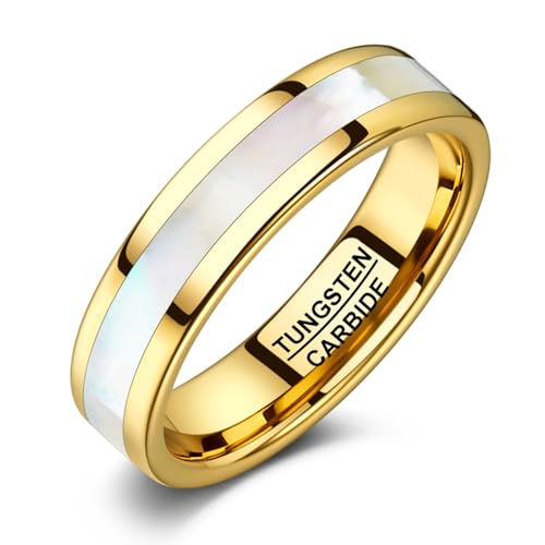 Vakki 4mm 6mm Womens Rose Gold Tungsten Carbide Ring with Mother of Pearl Shell/Marble Inlaid Wedding Band Comfort Fit Size 5-12 - color: G-6mm-Mother of Pearl & Gold