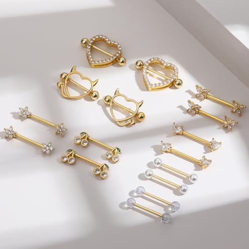 8 Pairs Gold Plated Nipple Rings for Women 14G Surgical Stainless Steel Nipple Piercing Jewelry Heart Cherry Butterfly Flower Nipple Barbells - color: Gold Tone Clear CZ